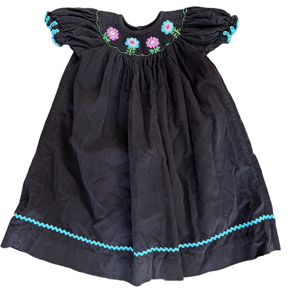 Girls Brown Corduroy Embroidered Puff Sleeve Dress with Blue Trim